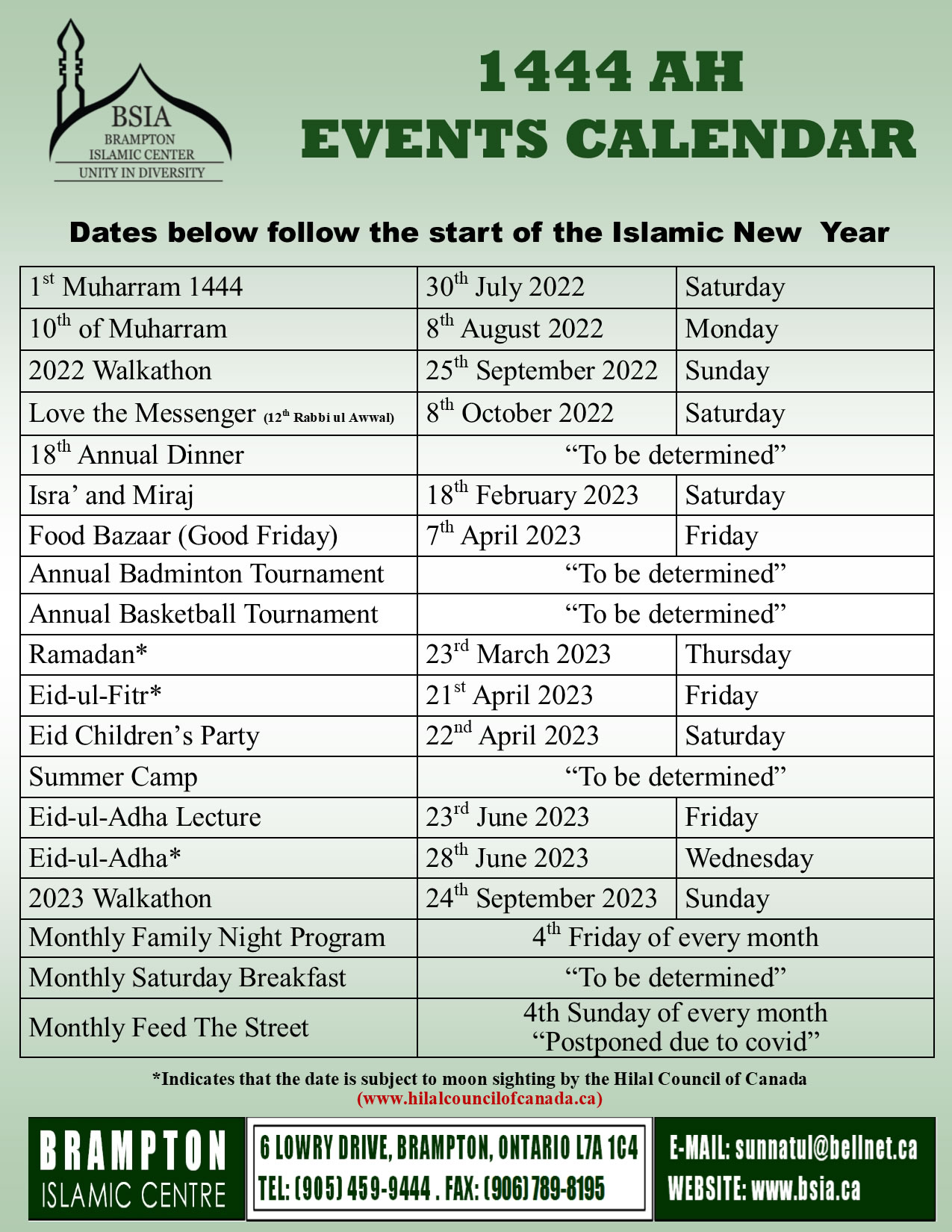 Annual Events Calendar